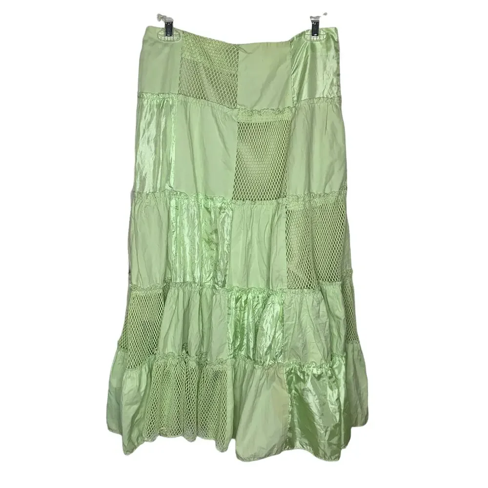 My Industry Denim Creative Boho Green Checkered Midi Mesh Skirt Size Medium